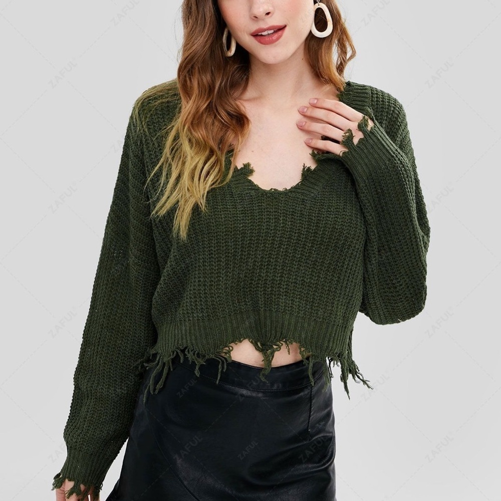 Zaful Army Green Loose Ripped V Neck Sweater One Size